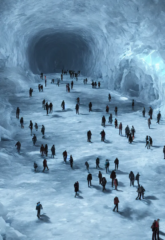 Image similar to Multiple connecting tunnels in antartica bellow thin ice, multiple people moving around the tunnels, facinating and imposing, fantasy digital art, octane render, beautiful composition, trending on artstation, award-winning photograph, masterpiece