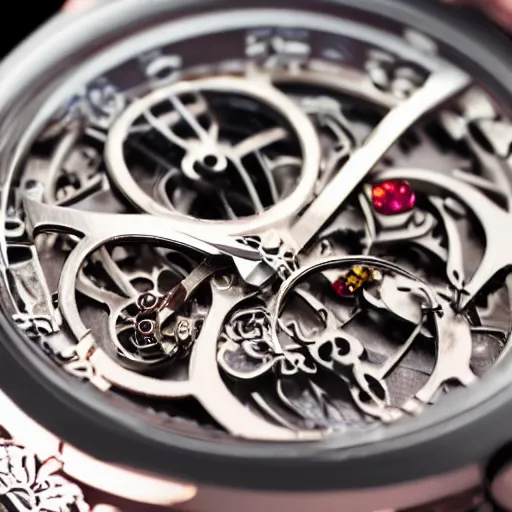 Prompt: skeletonized watch with rubies macro rendered intricate detail