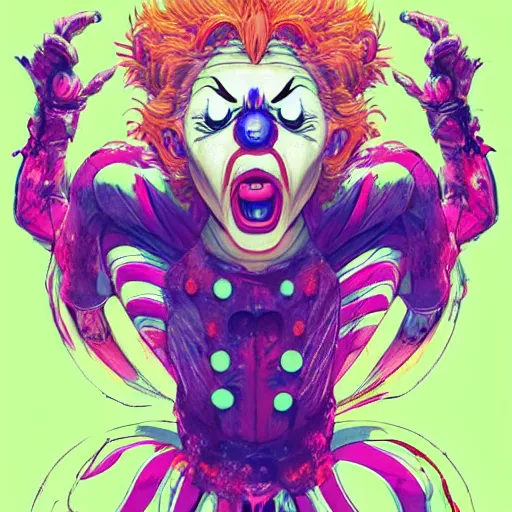 Image similar to 4K headshot of godlike clown with clown nose and defined arms and open hands and bloody clothes with giant mandala wings , intricate runny clown face make-up , flawless anime cel animation by Kentaro Miura, psychedelic , highly detailed upper body , professionally post-processed , beautiful, scary, symmetry accurate features, epic, octane rendered, anime masterpiece, accurate