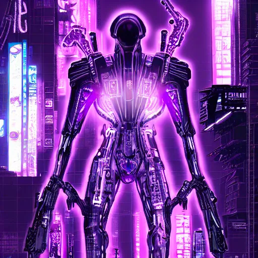 Image similar to Giant Purple Amethyst in cyberpunk neon Tokyo in style of Tsutomu Nihei. Cyberpunk, vertical symmetry, 8K, Highly Detailed, Intricate.