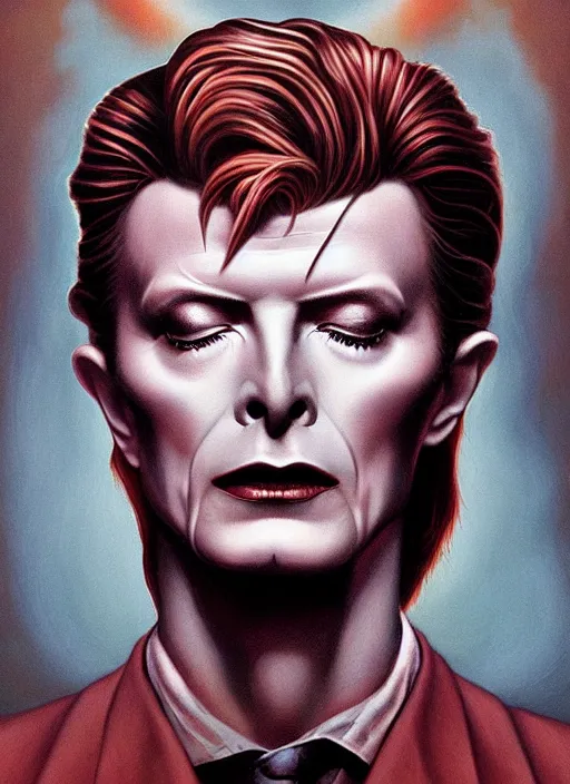 Image similar to twin peaks poster art, portrait of david bowie split half in darkness, by michael whelan, rossetti bouguereau, artgerm, retro, nostalgic, old fashioned