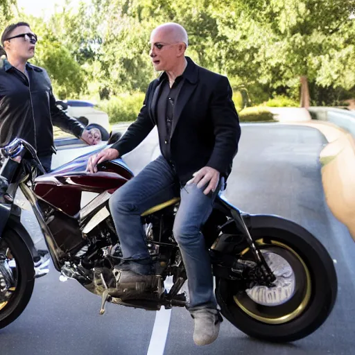 Prompt: elon musk and jeff bezos on a motorcycle