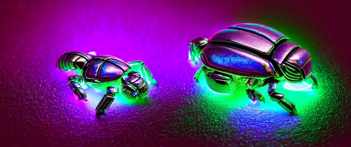 Image similar to high quality photo glowy iridescent cyborg scarab! jeweled very beautiful! highly detailed digital art david ligare elson peter cinematic purple neon lighting high quality low angle hd 8k sharp shallow depth of field