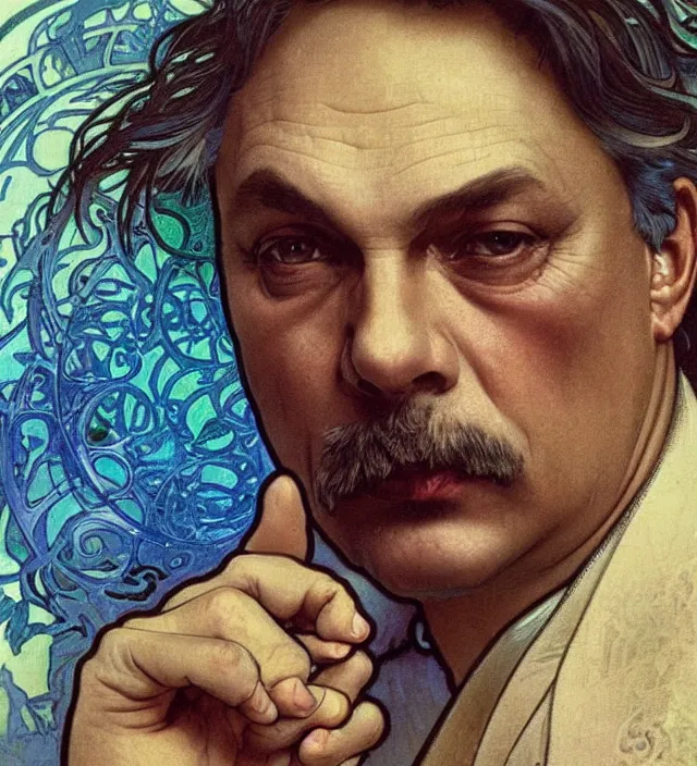 Image similar to detailed closeup portrait of viktor orban by alphonse mucha, ayami kojima, yoshitaka amano