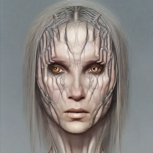 Image similar to a beautiful female face, by Wayne Barlowe and H R Giger and Bill Ellis, trending on artstation