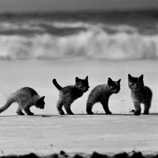 Prompt: kittens storming normandy beach, 1 9 9 4, black and white, photo, documentary