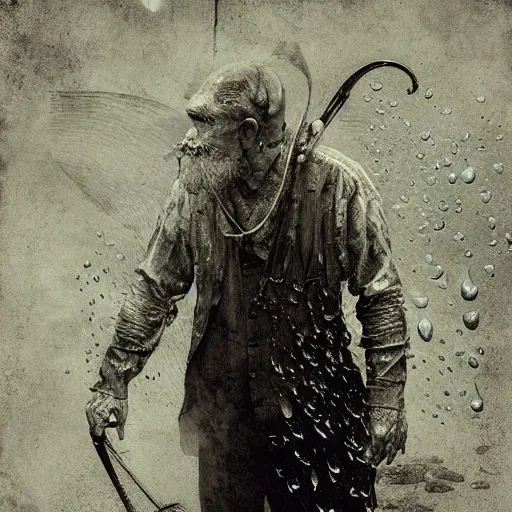 Image similar to wet collodion photography of innsmouth dweller mutant early xx century fisherman sailor old man with gills and scales creatures from the deep ocean by emil melmoth zdzislaw beksinki craig mullins yoji shinkawa realistic render ominous detailed photo atmospheric by jeremy mann francis bacon and agnes cecile ink drips paint smears digital glitches glitchart