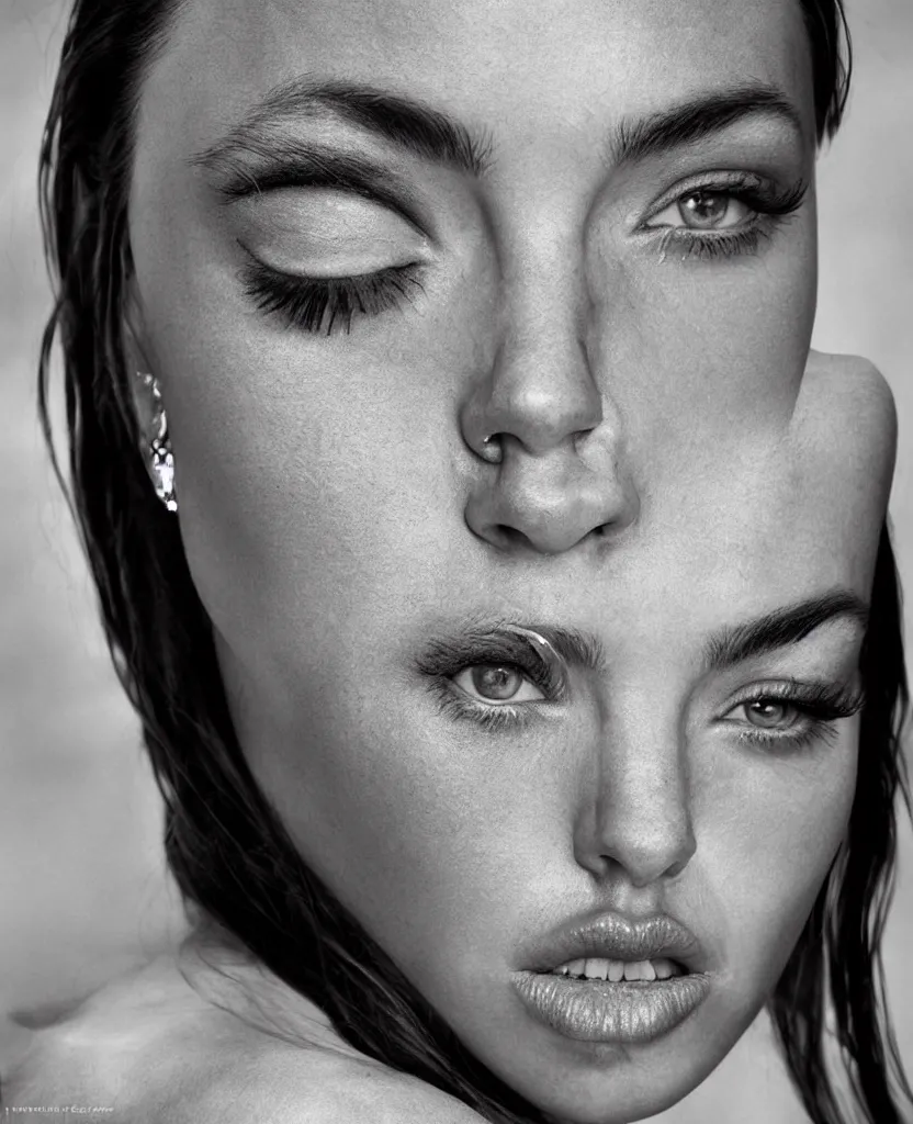 Image similar to photo, warrior, native beauty, nose of Angelina Jolie, lips of Megan Fox, big symmetrical eyes of Bjork, award winning photography by Leonardo Espina