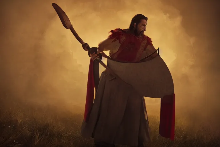 Image similar to theatre stage, romanian man in traditional romanian clothing with scythe, traditional romanian clothing, concept art, dramatic lighting, beautiful, volumetric lighting, colorful, octane render