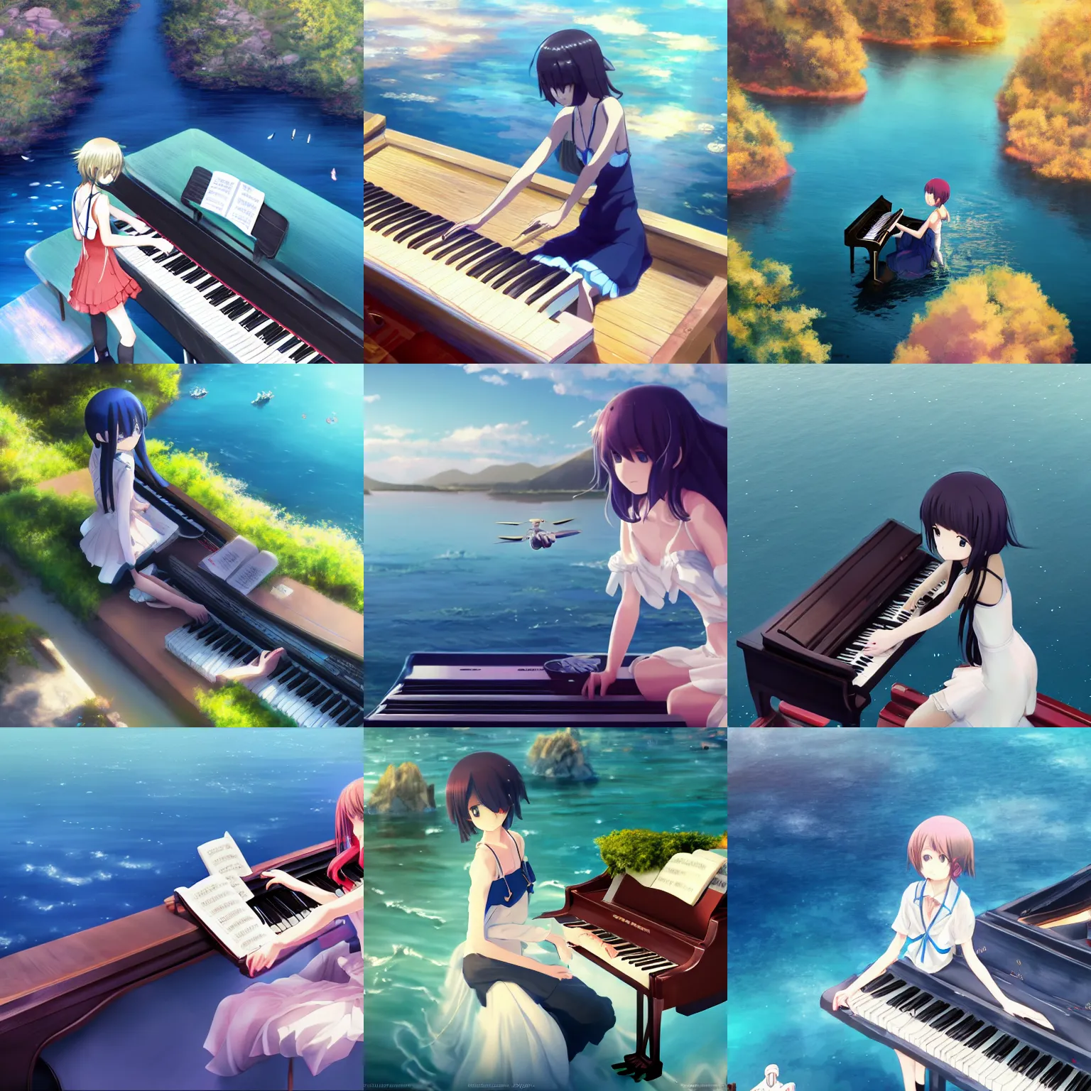 Prompt: Anime girl playing piano on blue water, drone shot, Cushart Krenz, Shinkai Makoto, lots of details, extremely detailed, 4k