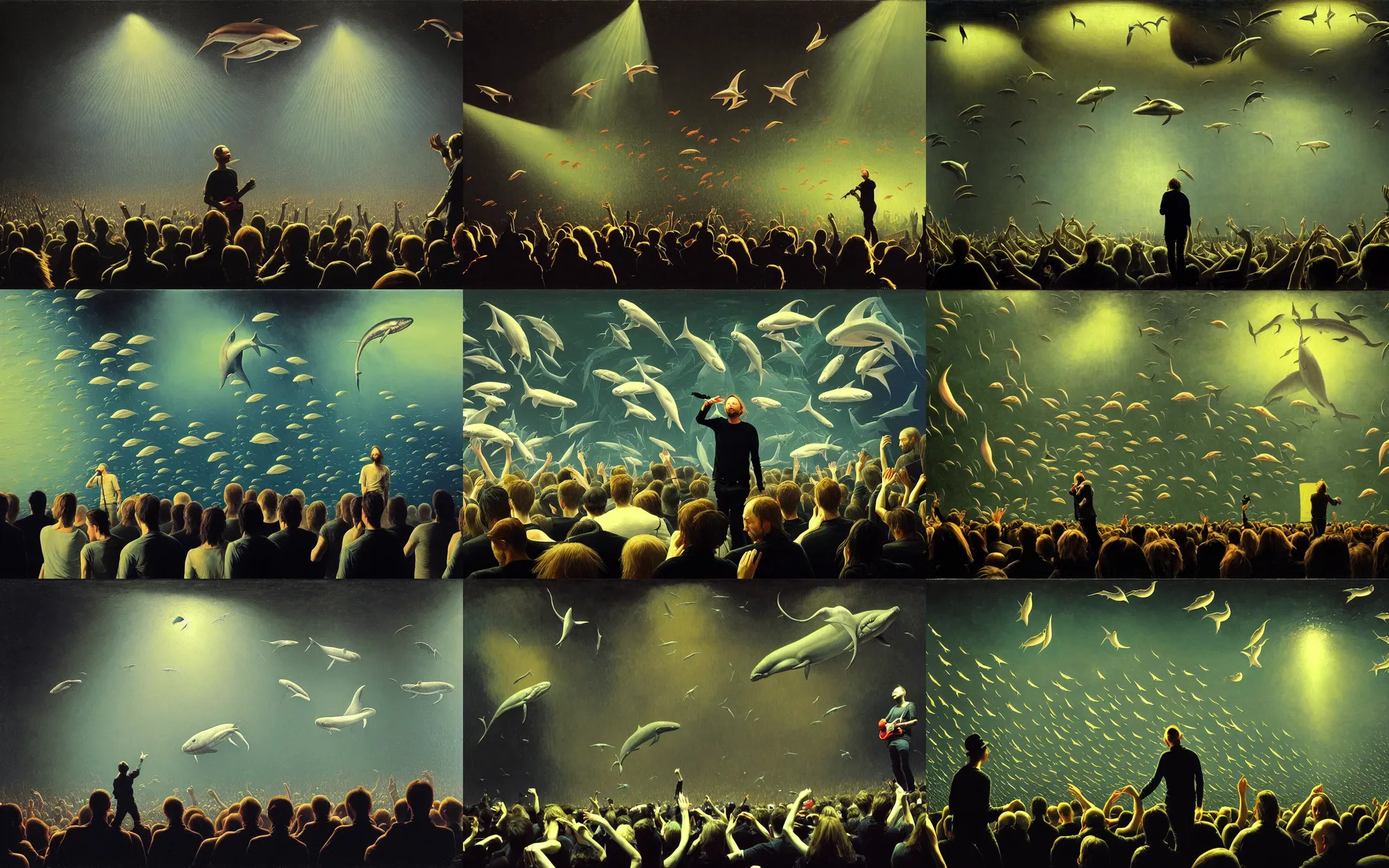 Prompt: thom yorke on stage at a radiohead concert, seeing weird fishes swimming in the air, whales, mantis, dolphins and swordfish, thom yorke and the band looked surprised, painting by andreas achenbach, andrey remnev, aaron jasinski, volumetric light, large crowd and lightshow in the background, very detailed, dreamy, surreal, atmospheric, weird