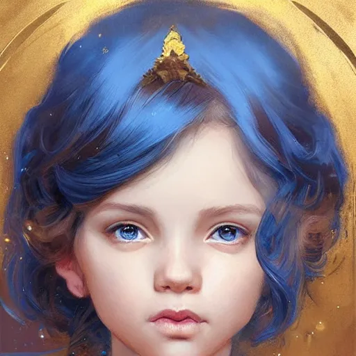 Image similar to a little girl with short wavy curly light brown hair and blue eyes, a space empress in byzantine style. beautiful highly detailed face, painting by artgerm and greg rutkowski and ilya kuvshinov.