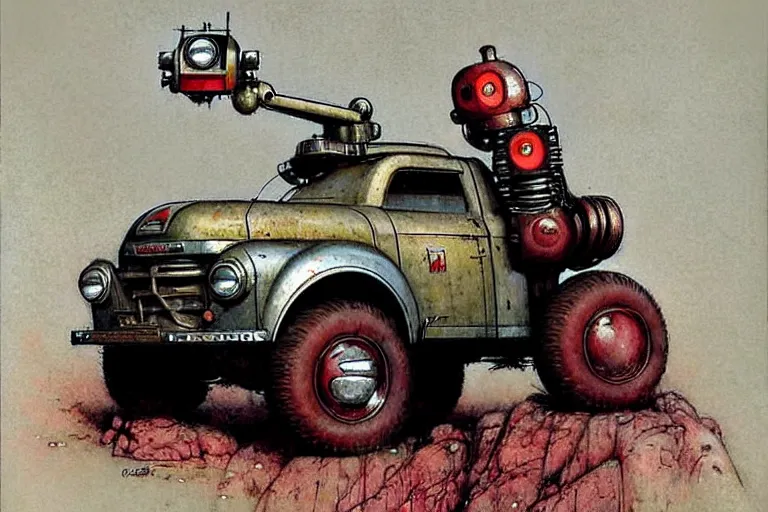 Image similar to adventurer ( ( ( ( ( 1 9 5 0 s retro future robot android fat knome rv offroad truck robot. muted colors. ) ) ) ) ) by jean baptiste monge!!!!!!!!!!!!!!!!!!!!!!!!! chrome red