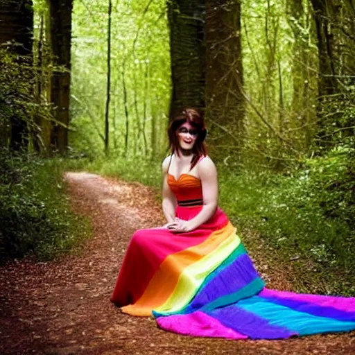 Image similar to picture of gemma arterton wearing a long rainbow wedding gown, sitting in a colorful forest