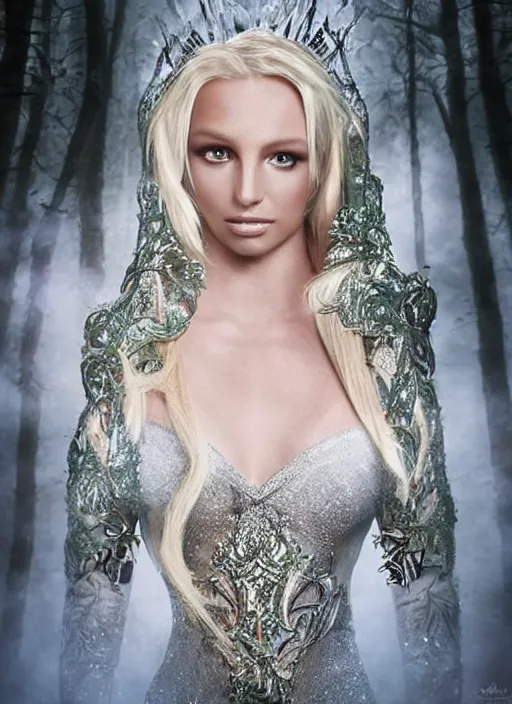 Image similar to Beautiful elsa, Looks like Britney Spears, In the woods, Dramatic, Edge, Good, Infused, Backlight, De-Noise, VFX, insanely detailed and intricate, hypermaximalist, elegant, ornate, hyper realistic, super detailed