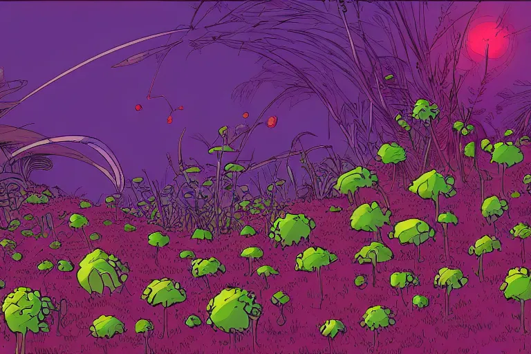 Image similar to far view of crazy vegetation and alien flowers by moebius, clean line, colorful comics style, artstation