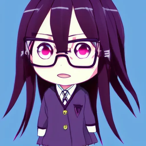 Prompt: an extremely adorable chibi of toko fukawa from danganronpa, a japanese girl with two plaits in her dark purple hair and side bangs and glasses, character art, adorable, author, toko fukawa, chibi