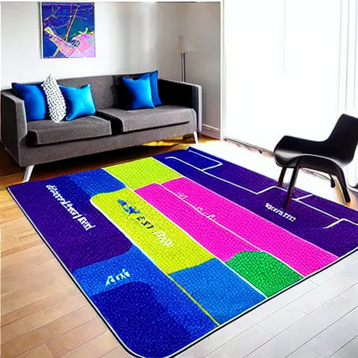 Prompt: a futuristic kids road map carpet rug