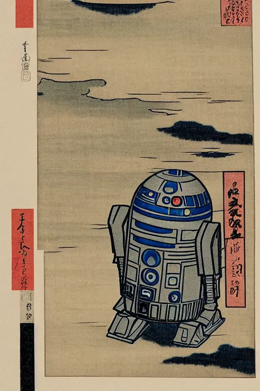 Image similar to Japanese woodblock print of r2d2, hokusai