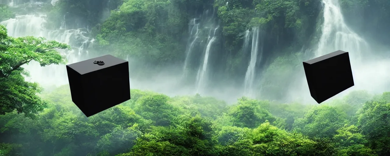 Image similar to One perfectly shaped black cube, hyper realistic, floating on the right side of a beautiful enchanted landscape with trees and waterfalls, in the style of Hayao Miyazaki