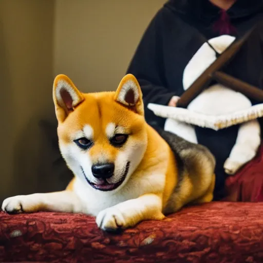 Prompt: photo of a shiba inu leading an occult ritual