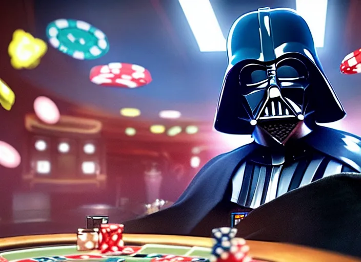 Image similar to film still of Darth Vader gambling in Vegas in the new Star Wars movie, 4k