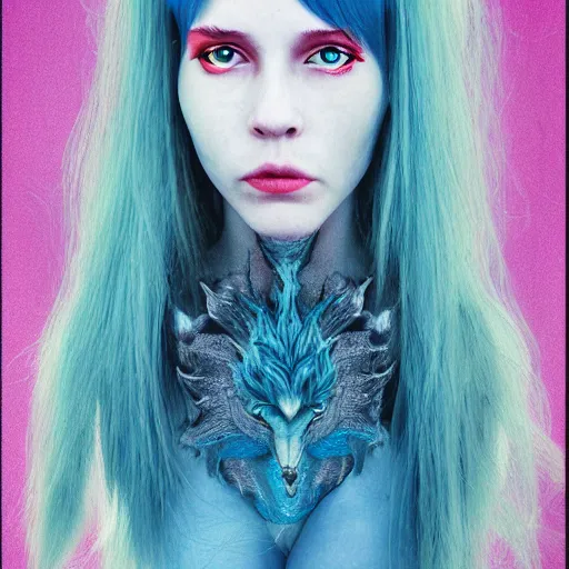 Prompt: portrait of young girl half dragon half human, Dragon skin, Dragon eyes, Dragon crown, Blue hair, Long hair, by David Lynch