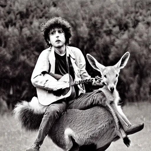 Prompt: bob dylan riding a kangaroo, photograph, high detail