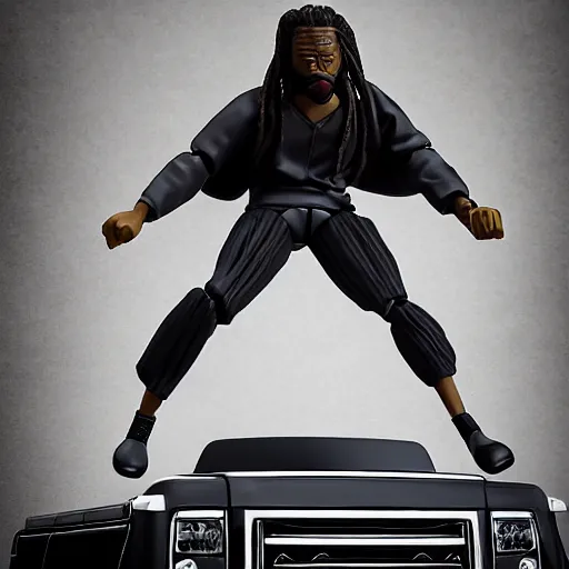 Image similar to black man action figure with dreads standing on top of a black rc pickup truck, close up photograph, white background