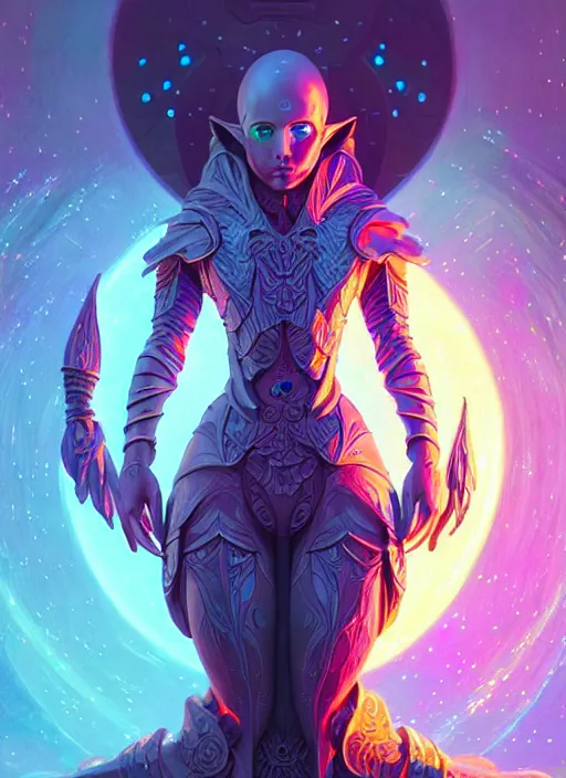 Image similar to a machine elf faceless glowing liquefied stardust adventurer, dnd fantasy character, full body portrait, glowing neon skin, magical aura, ultra realistic, intricate, elegant, highly detailed, digital painting, artstation, smooth, sharp, focus, illustration, art by artgerm and greg rutkowski and alphonse mucha and dan mumford, sacred geometry, ultra fine detailed