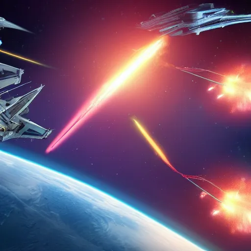 Prompt: a spaceship battle between two factions with lasers and exploding ships in space, photorealistic, detailed