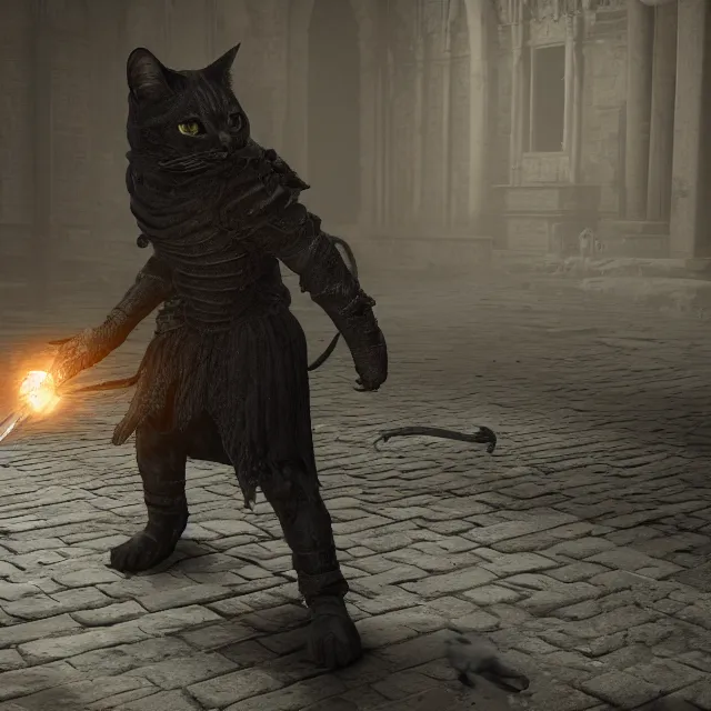 Image similar to a cat boss in dark souls, volumetric, realistic, cinematic lighting, ray tracing, unreal engine 5, unreal engine render, octane render, hyper realistic, photo, 8 k