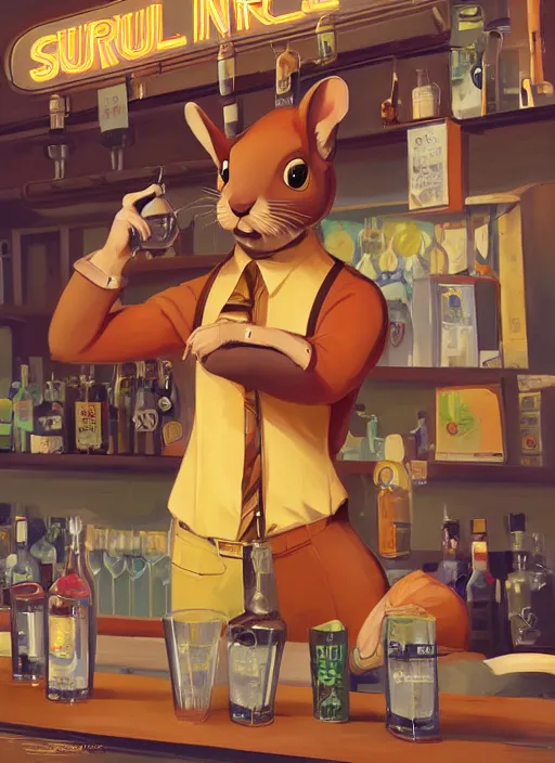 Image similar to squirrel anthro as a dapper bartender with a big, fluffy tail, retro futurism, art deco, detailed, painterly digital art by WLOP and Cory Loftis and Randolph Stanley Hewton, 🐿🍸🍋, furaffinity, trending on artstation