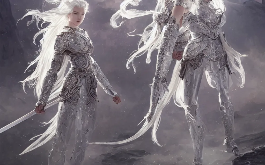 Image similar to white hair knights of zodiac girl, sliver ice color reflected armor, kung fu fighting in ruined agora of athens sunrise, ssci - fi and fantasy, intricate and very very beautiful and elegant, highly detailed, digital painting, artstation, concept art, smooth and sharp focus, illustration, art by tian zi and wlop and alphonse mucha