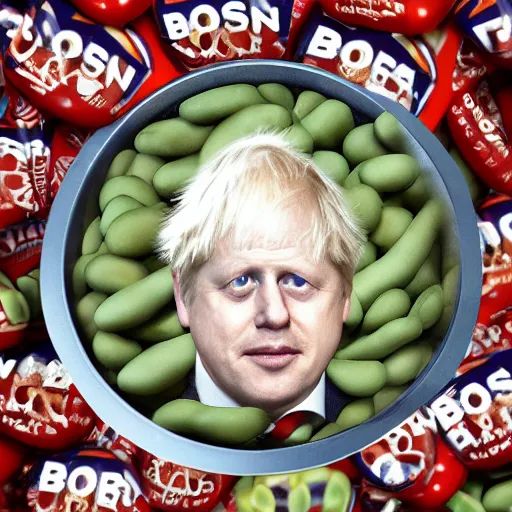 Image similar to boris johnson baked into a bowl of beans