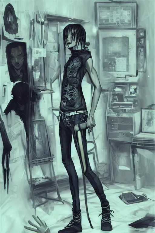 Prompt: a skinny goth guy standing in a cluttered 9 0 s bedroom, full body character concept art, vaporwave colors, digital painting, hd, ultra hd, detailed, award winning, small details, artgerm art, sabas apterus art,