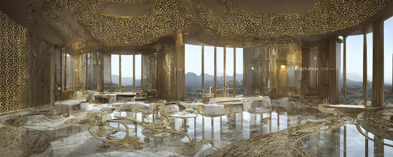 Image similar to interior of a double height luxury spa with everything made of gold, candles, beige marble floor, wellness pool, intricate detailed roof, contemporary design, sacred geometry, 8 k, hyperrealistic, photorealism, windows with view to wadi al disah mountains