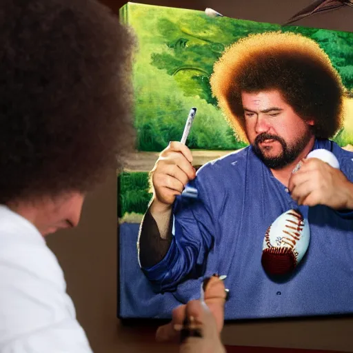 Image similar to a closeup photorealistic photograph of bob ross working on an image of kenny powers autographing a baseball on a canvas. mountains and trees. film still. brightly lit scene. this 4 k hd image is trending on artstation, featured on behance, well - rendered, extra crisp, features intricate detail, epic composition and the style of unreal engine.