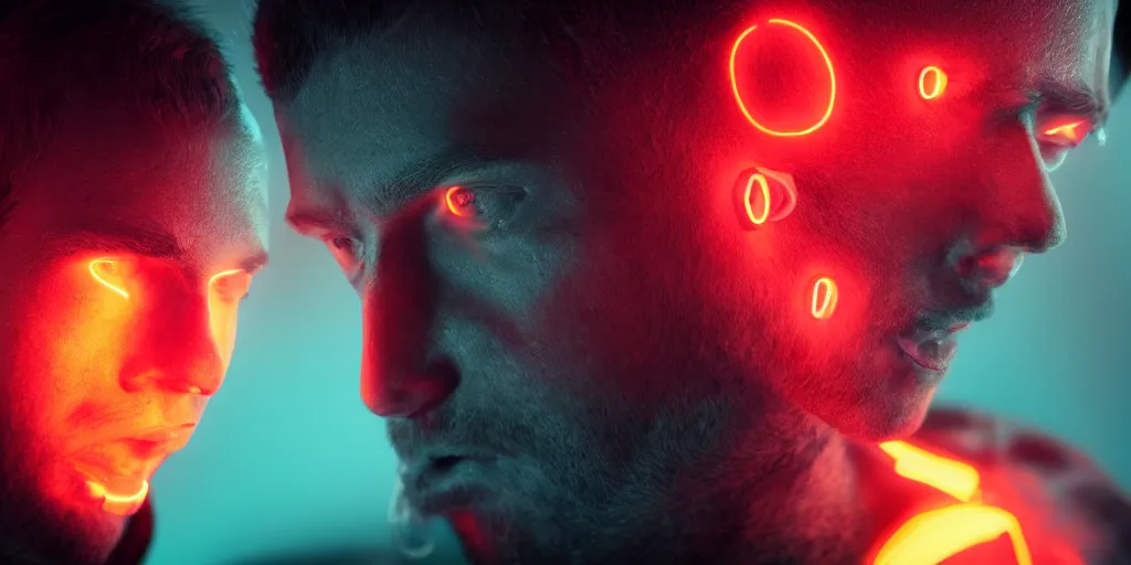 Image similar to a close - up portrait of a man in a neon glowing hoodie, photographic filter, unreal engine 5, realistic, hyperdetailed, 8 k, cinematic, volumetric lighting, very realistic effect, hd, hdr, 4 k, sharp focus, octane render, ultra detailed, high resolution, trending on artstation in the style of albert dros glowing rich colors powerful imagery