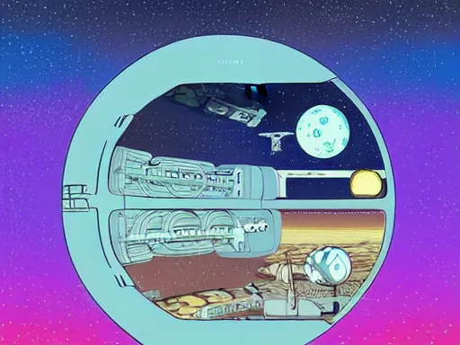 Prompt: a scifi illustration, hyper detailed external view of a lunar colony. cinematic wes anderson composition. flat colors, limited palette in FANTASTIC PLANET La planète sauvage animation by René Laloux