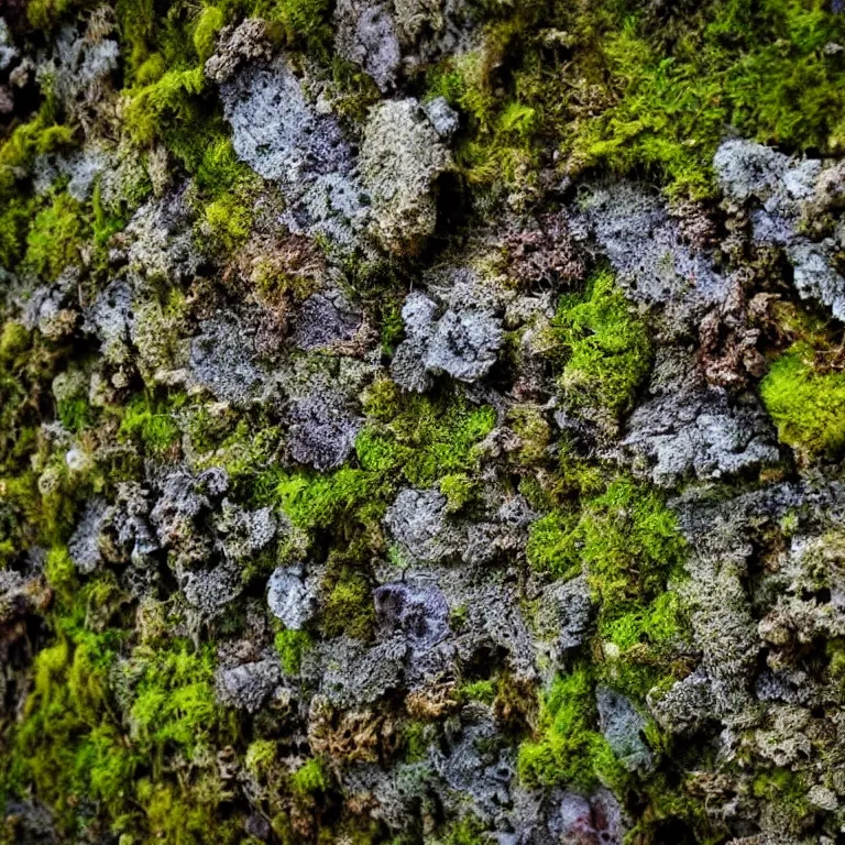 Image similar to a drawn picture lichens and moss close-up various fungus, mushrooms and plants, Atmospheric phenomenon, artistic photography, muted colors, conceptual, long exposure outside the city