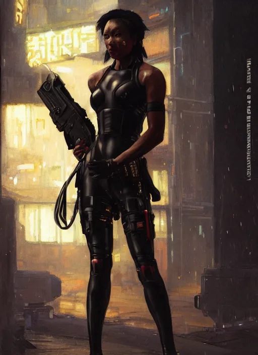 Image similar to black chun li. cyberpunk police trooper in a military vest ( blade runner 2 0 4 9, cyberpunk 2 0 7 7 ). orientalist portrait by john william waterhouse and james gurney and theodore ralli and nasreddine dinet, oil on canvas. cinematic, hyper realism, realistic proportions, dramatic lighting, high detail 4 k