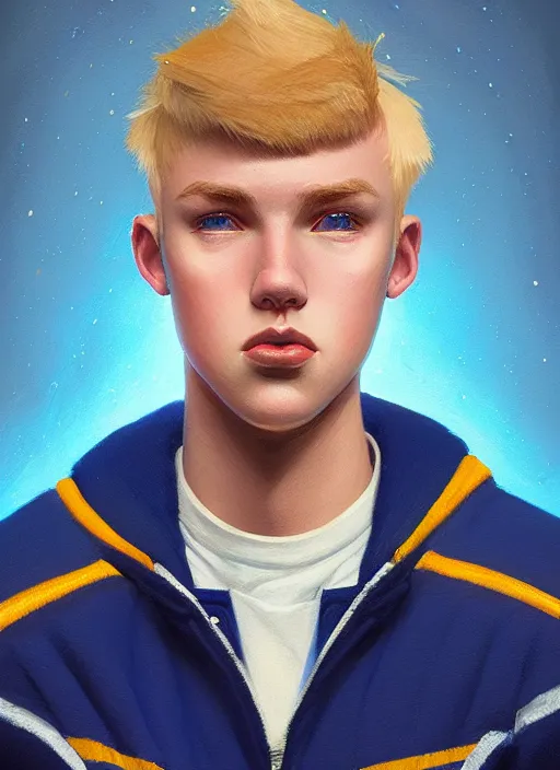 Image similar to portrait of high school senior boy named big moose, blonde short hair, jock, beefy, wide face, square jaw, square facial structure, blue varsity jacket with letter r, intricate, elegant, glowing lights, highly detailed, digital painting, artstation, concept art, sharp focus, illustration, art by wlop, mars ravelo and greg rutkowski