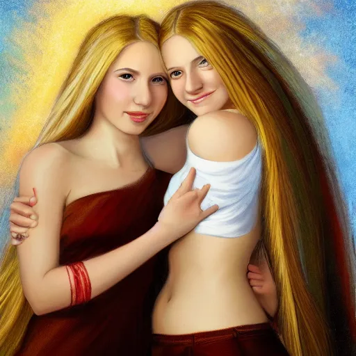 Image similar to a painting two young women in their twenties hugging, they are both beautiful with long blond hair, one of the girls has a halo above her head and angel wings, highly detailed, digital art