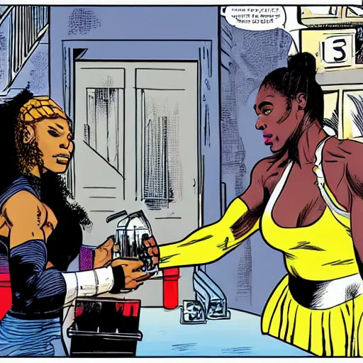 Prompt: In the style of Rafael Albuquerque comic art, Serena Williams opening a lemonade stand.