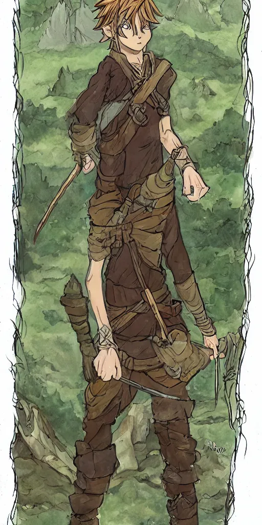 Image similar to an wood elf boy getting ready for an high fantasy adventure on the mountain side, anime style, tarot card, Tarot card the fool, fine line work