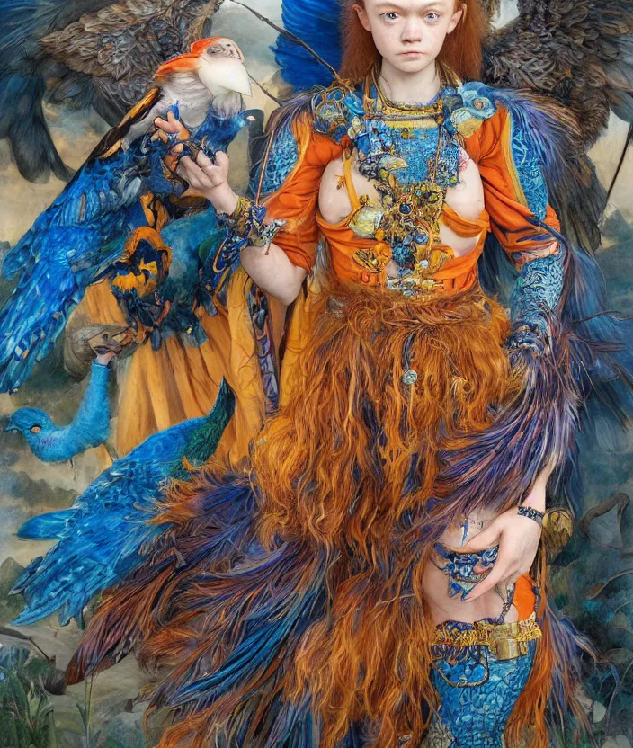 Image similar to a portrait photograph of a meditating fierce sadie sink as a colorful harpy bird super hero with blue mutated skin. she has animal skin grafts and cyborg body modifications and implants. by donato giancola, hans holbein, walton ford, gaston bussiere, peter mohrbacher and brian froud. 8 k, cgsociety, fashion editorial