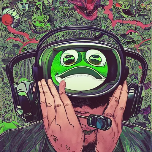 Image similar to portrait of pepe the frog wearing vr headset, symmetrical, by yoichi hatakenaka, masamune shirow, josan gonzales and dan mumford, ayami kojima, takato yamamoto, barclay shaw, karol bak, yukito kishiro