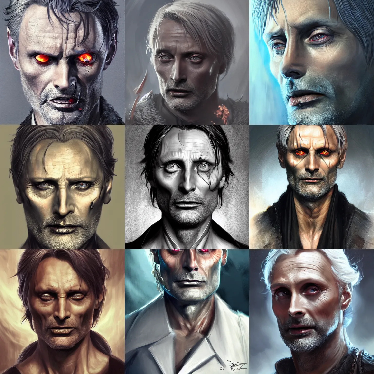 Prompt: hades, mads mikkelsen, D&D, fantasy, portrait, highly detailed, digital painting, trending on artstation, concept art, sharp focus, illustration, art by artgerm and greg rutkowski and magali villeneuve