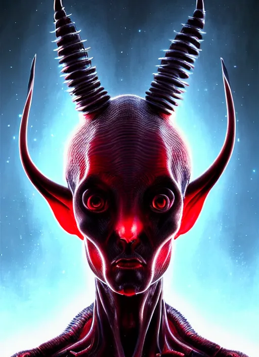 Prompt: portrait of realistic alien with horns. red eyes, human eyes, background flames, sci - fi, tech wear, glowing lights!! intricate, elegant, highly detailed, digital painting, artstation, concept art, smooth, sharp focus, illustration, art by wayne barlowe, in the style of lee jeffries